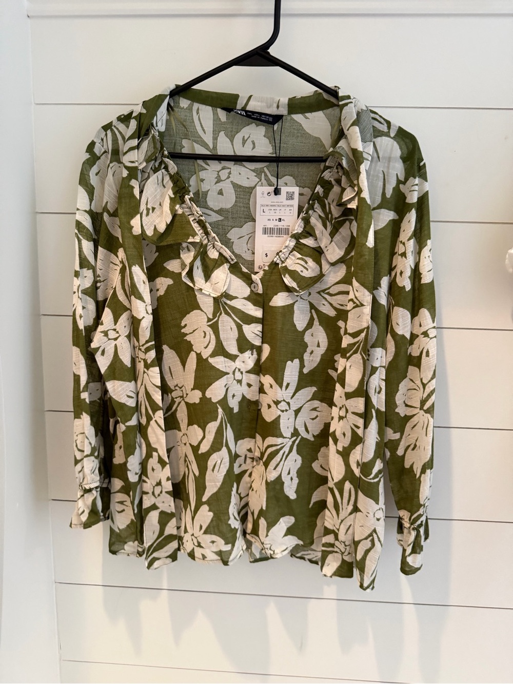 Zara Olive Green Floral Ruffle-Trim Blouse